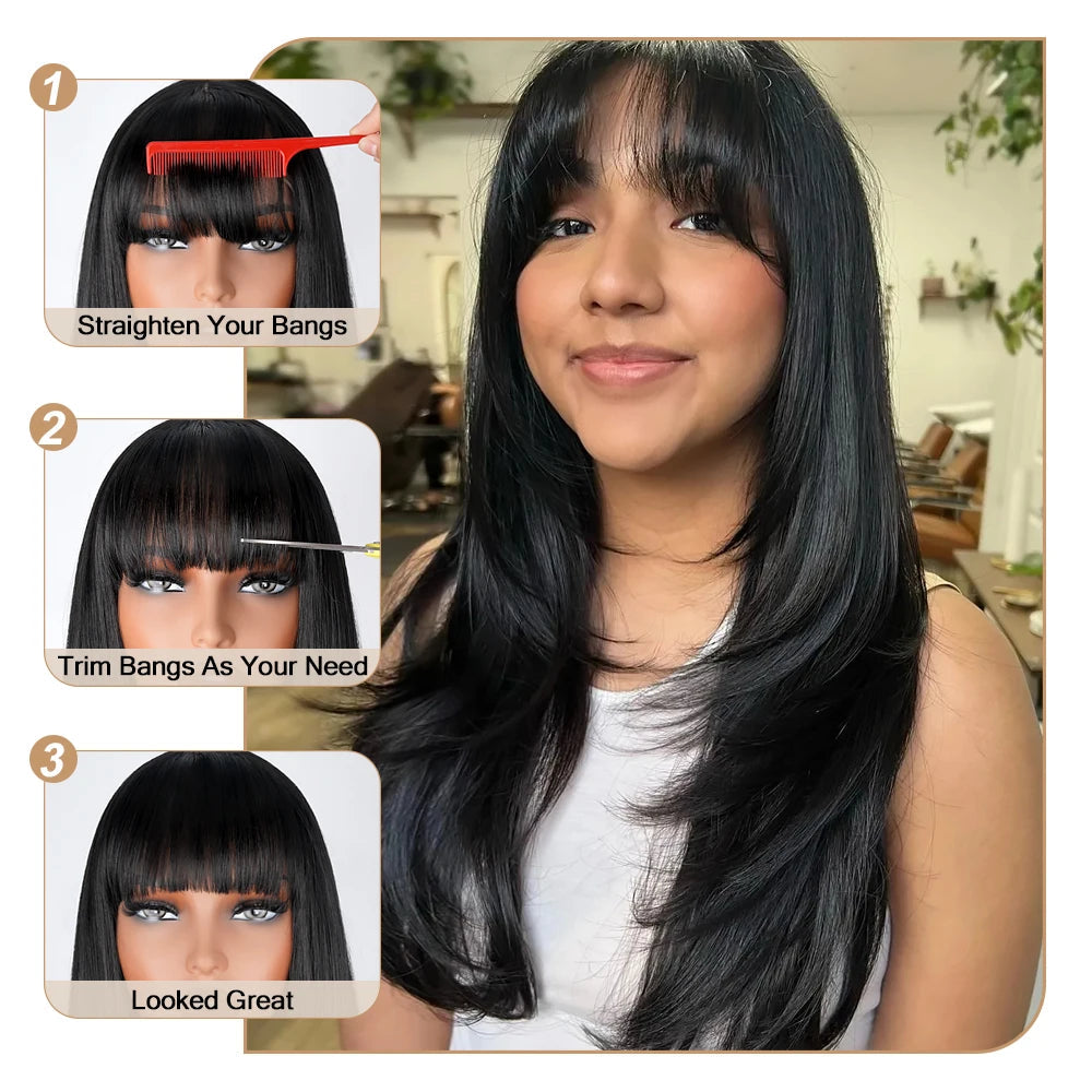 Straight Layered Cut Wigs with Bangs HD Lace Fake Scalp Synthetic Natural Layered Lace Wig For Women Glueless Heat Resistant Wig Viralgem Store