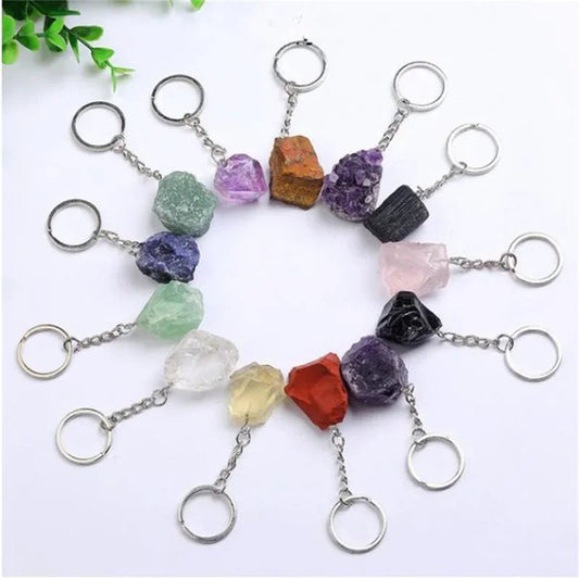 20pcs Natural Rough Raw Stone Crystal Quartzs Keychain Women Men Handbag Hangle Car Key Holder Raw Mineral Stone KeyRing Jewelry Viralgem Store