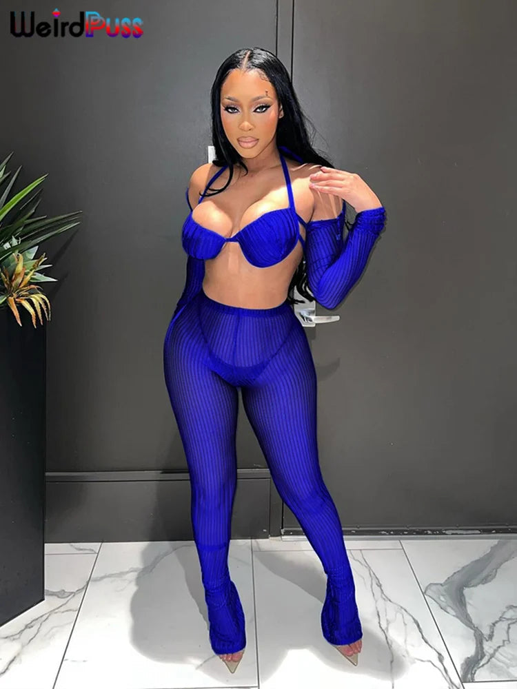 Weird Puss Summer Trend 3 Piece Set Women Spike Mesh Crop Tops+Bandage Bra+Leggings Tight Matching Vacation Streetwear Outfits Viralgem Store