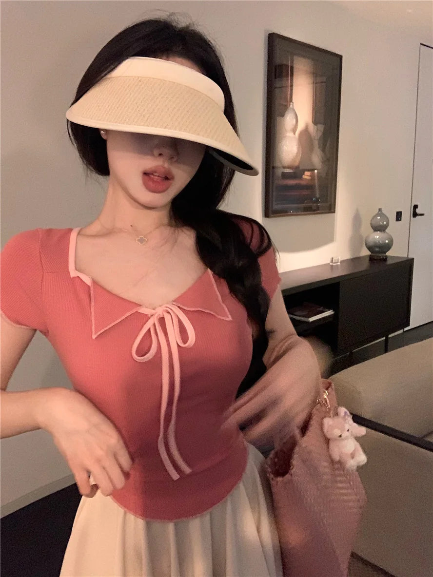 Sweet Spicy Girl Style Tie Straps V-neck Women's Knitted T-shirt Show Slim Figure Short Sleeved Tops Youth Elegant