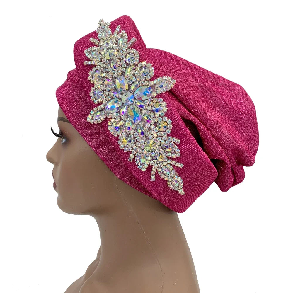 African Wrap Head Headgear Nigeria Auto Gele Headtie Turbante Mujer Luxury Rhinestone Turban Hat for Women Glitter