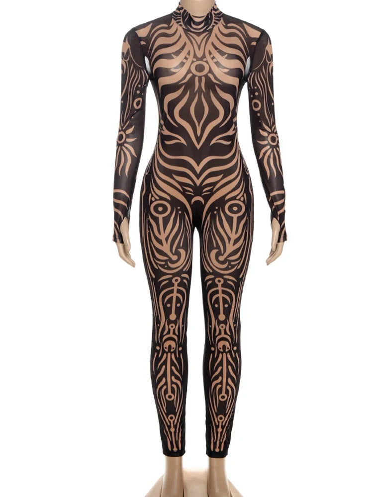 Sisterlinda Sexy Fashion Print Jumpsuits Woman Turtleneck Full Sleeve See Through Skinny Peach Hip Street Wild Style Overalls Viralgem Store