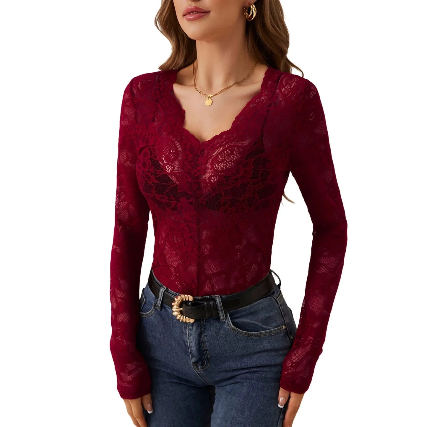 Women'S Floral Eyelet Lace Shirt Sexy V Neck Long Sleeve Opaque Shirts See-Through Lace Sexy Women Clothing Blusas Para Mujer Viralgem Store