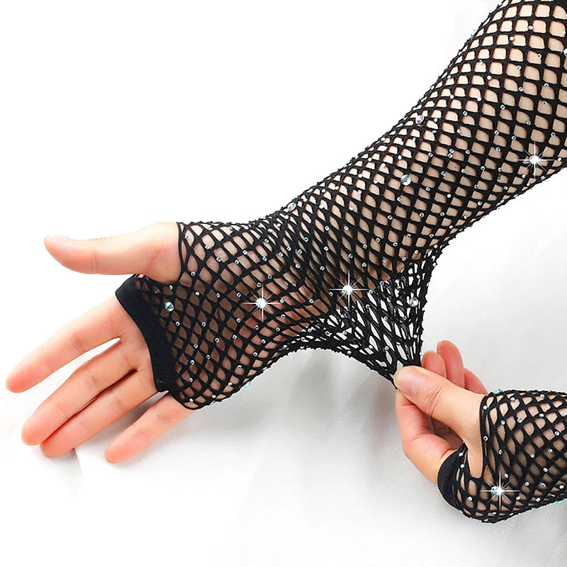 1pair Neon Fishnet Fingerless Long Gloves Rhinestone Arm Cuff Party Wear Fancy Dress For Womens Sexy Punk Goth Dance Mesh Gloves