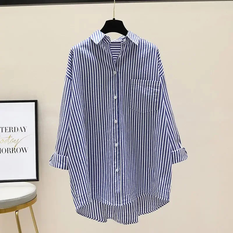Summer Autumn Striped Shirt Women Shirts Fashion Female Office Lady Loose Blouse Long Sleeve Sun Protection Tops Casual Shirts Freshlook Styles