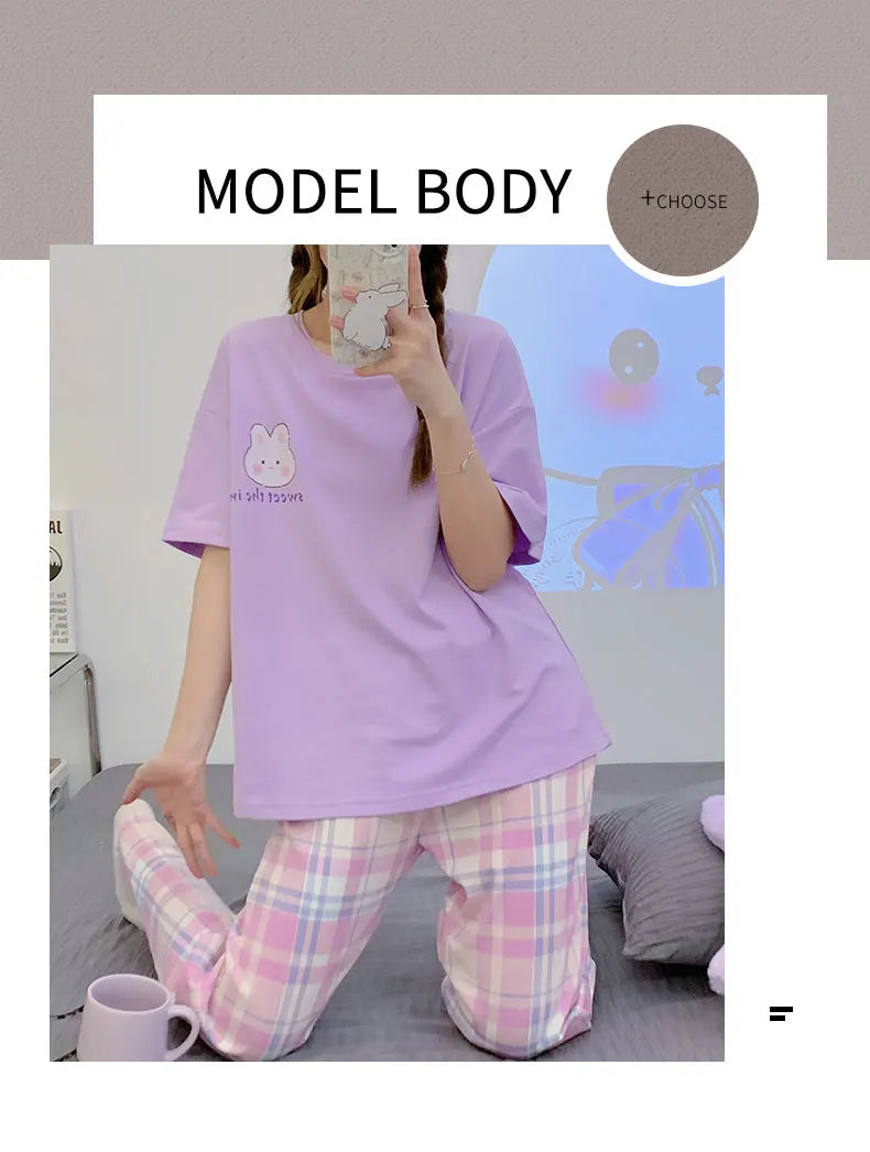 Spring Summer Women Pajamas Soft Cotton Cute Rabbit Print Pijamas Short Sleeved Plaid Pants Sleepwear Fashion Home Wear