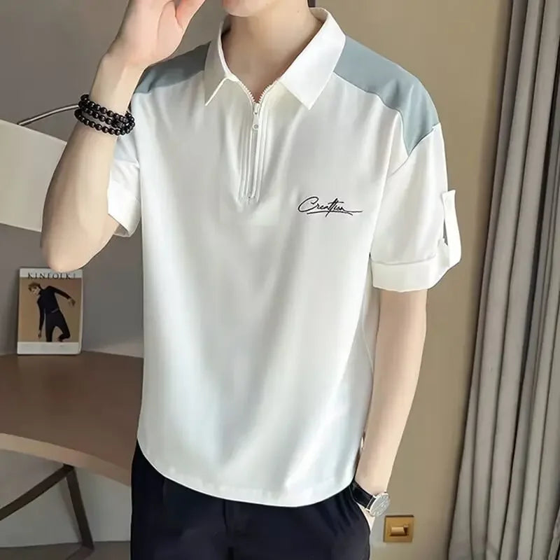 2024 New Versatile Men's Polo Shirt Trendy Brand Summer T-shirt Loose Fit Slimming Effect Korean Style Casual Top Lapel Sleeves