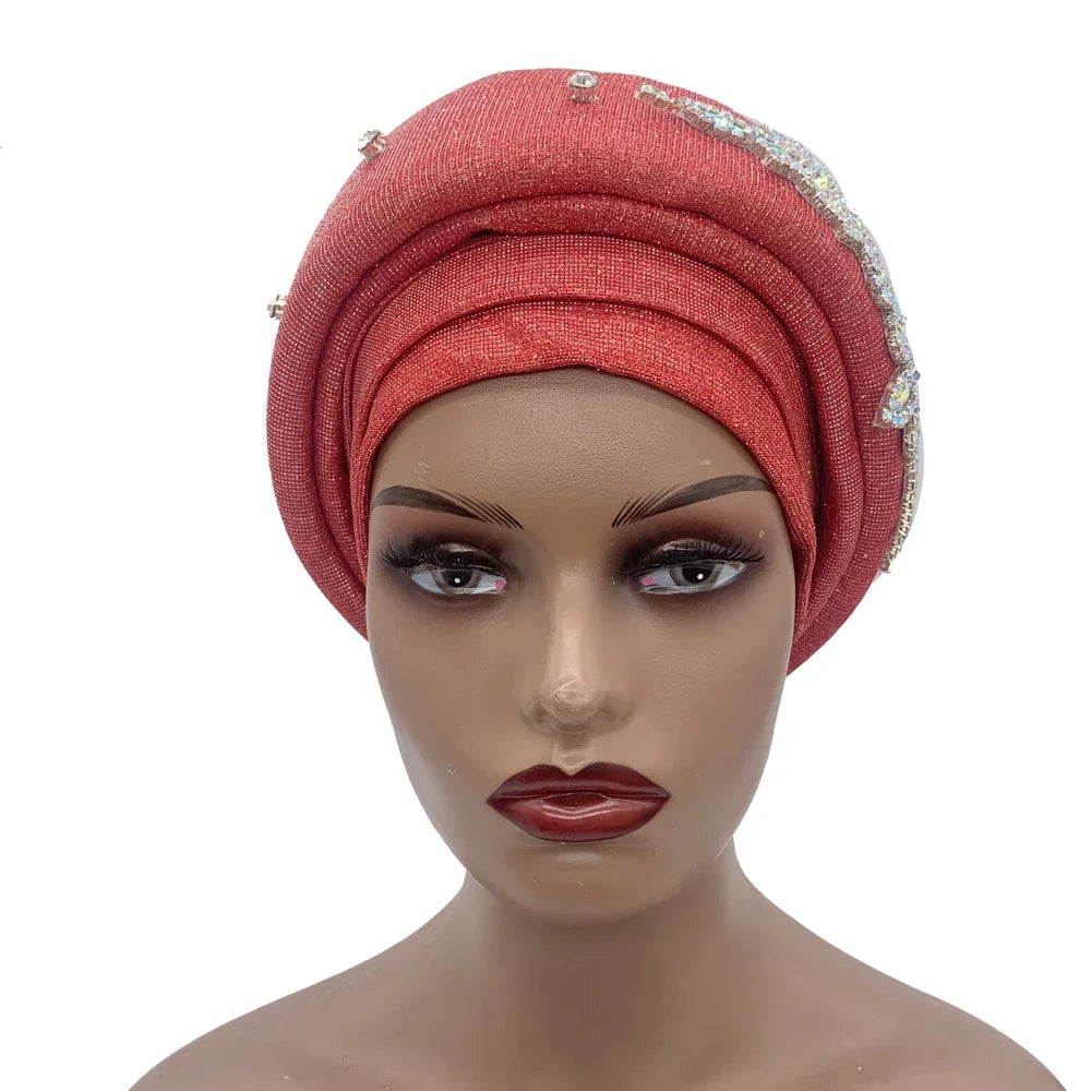 African Wrap Head Headgear Nigeria Auto Gele Headtie Turbante Mujer Luxury Rhinestone Turban Hat for Women Glitter