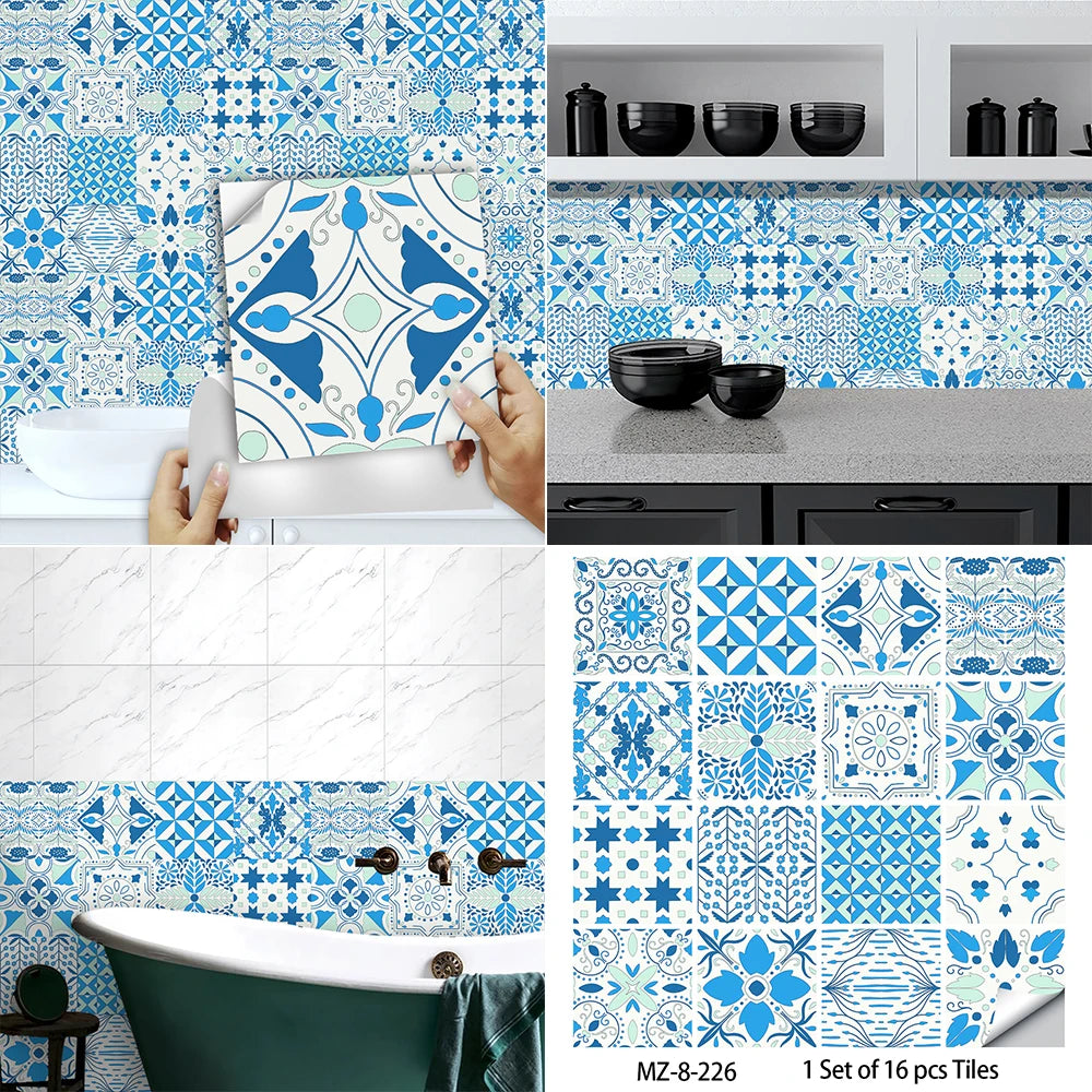 16pcs/set Black & White Tiles Sticker Kitchen Backsplash Wardrobe Bathroom Waterproof Peel & Stick Bright Film Art Wall Decals