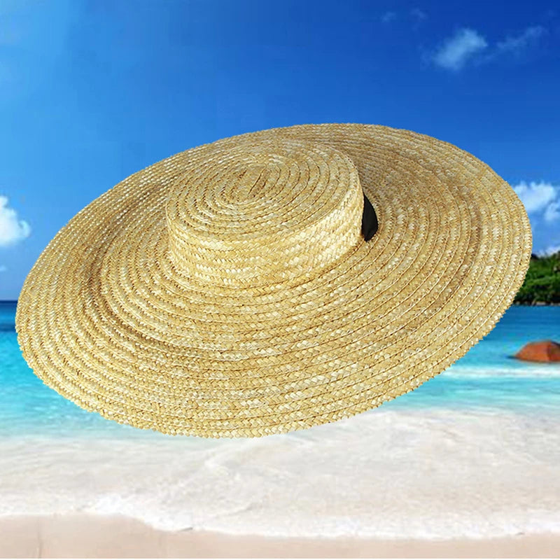 Wide Brim Straw Hat For Women Long Ribbon Ladies Beach Hat Summer Sun Visor Cap Flat Top Large Brim Tie Straw Straw Hat Viralgem Store
