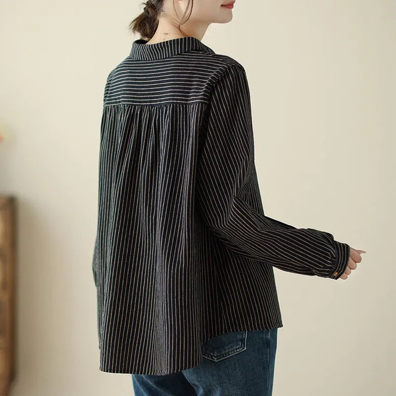 Women Long Sleeve Casual Shirt New Arrival 2024 Spring Korean Style Vintage Striped Loose Female Basics Cotton Tops Shirts B3254
