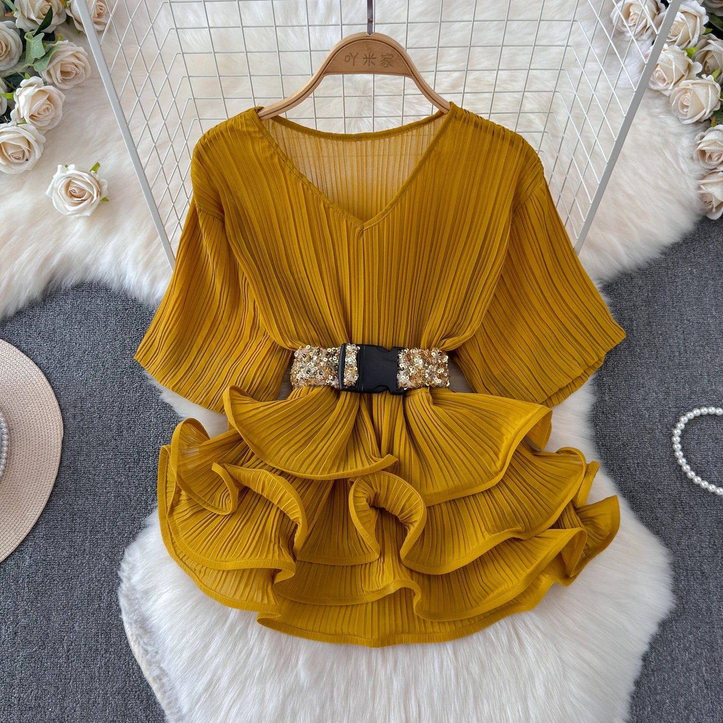 Summer New Light Luxury Sequin Two Piece Skirt Set Women's V-neck Belt Blouse Top+Slim Fit High Waist Wrap Hip Half Skirt Set Viralgem Store