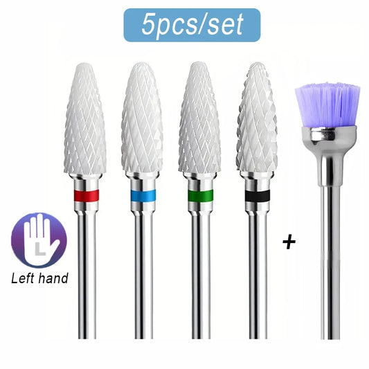 5PCS Left-Handed  Ceramic Nail Drill Bits Set Acrylic Nail File Bits 3/32'' Shank Professional   For Removing Acrylic Gel Nails
