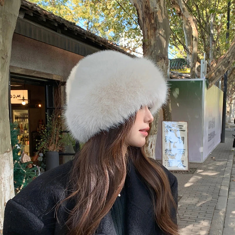 Winter Plush Fisherman Hat For Women Thick Fluffy Fur Ear Protection Cap Windproof Warm Headgear Fashion Female Panama Basin Cap
