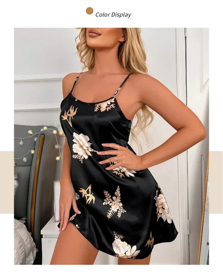 Women Nightwear Home Clothes Sexy Black Floral Printing Nightdress Sleepwear Nightshirts Silk Sleepshirts Nightgowns For Woman Viralgem Store