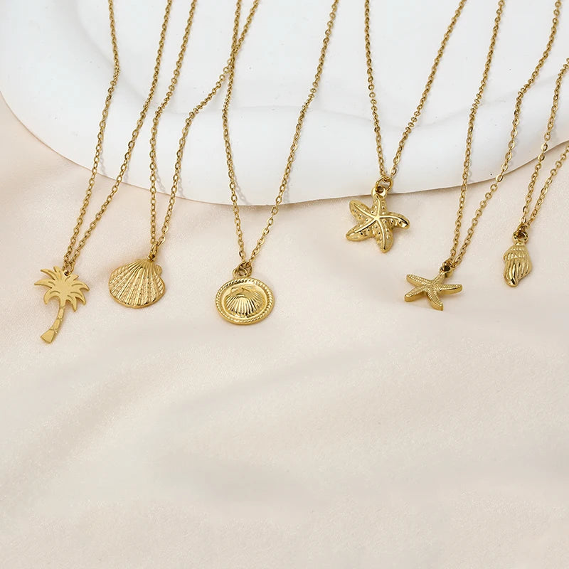 Tarnish Free Stainless Steel Waterproof Jewelry Starfish Conch Shell Coconut Palm Pendant Necklace for Women Girls Holiday Gift