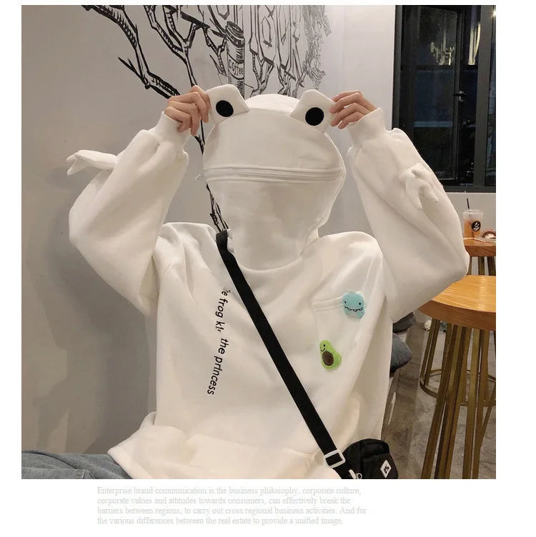 Unisex Frog Zipper Hoodie Fleece Lined Springtime Embroidery oversized Sweatshirt Harajuku Warm Pullover Korean Style Dropship