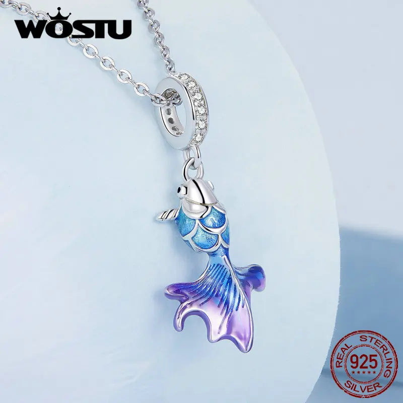 WOSTU 925 Sterling Silver Magical Flying Fish Pendants Blue Ocean Whale Bead Fit Original Bracelet DIY Charms Jewelry Making