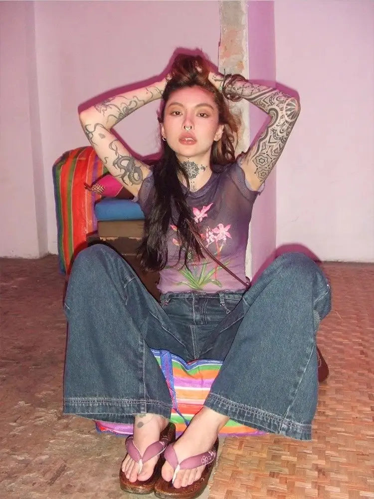 Yedinas Summer Crop Top Mesh Tops Short Sleeve Purple T Shirt Women Clothes Sheer See Through Gothic Floral Tees Y2k Chic Tshirt