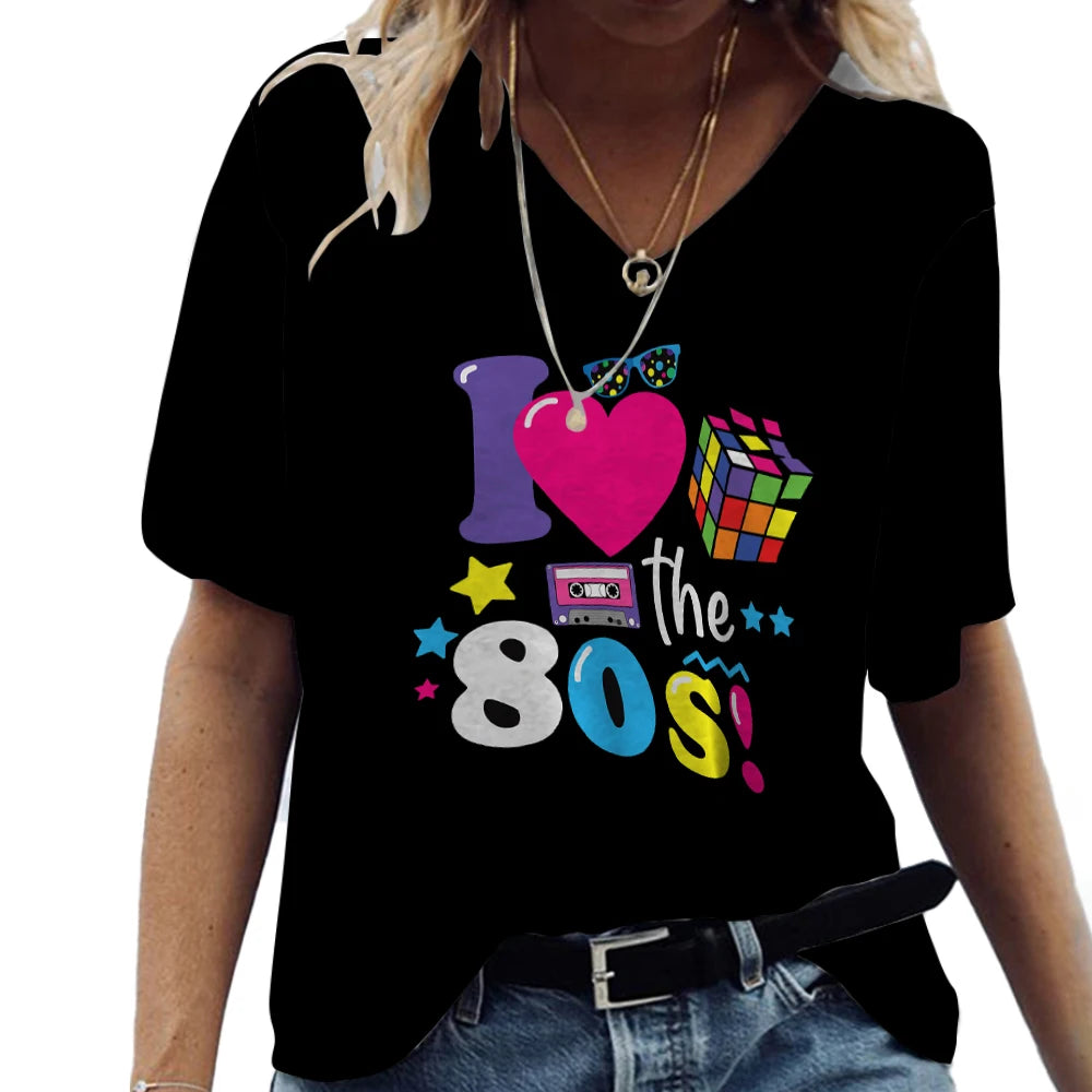 Women Fashion Short Seeve T Shirt V-neck Cotton 3d Love 80s Printed Tee Shirt Harajuku Summer Vintage Femme Loose Ladies Clothes