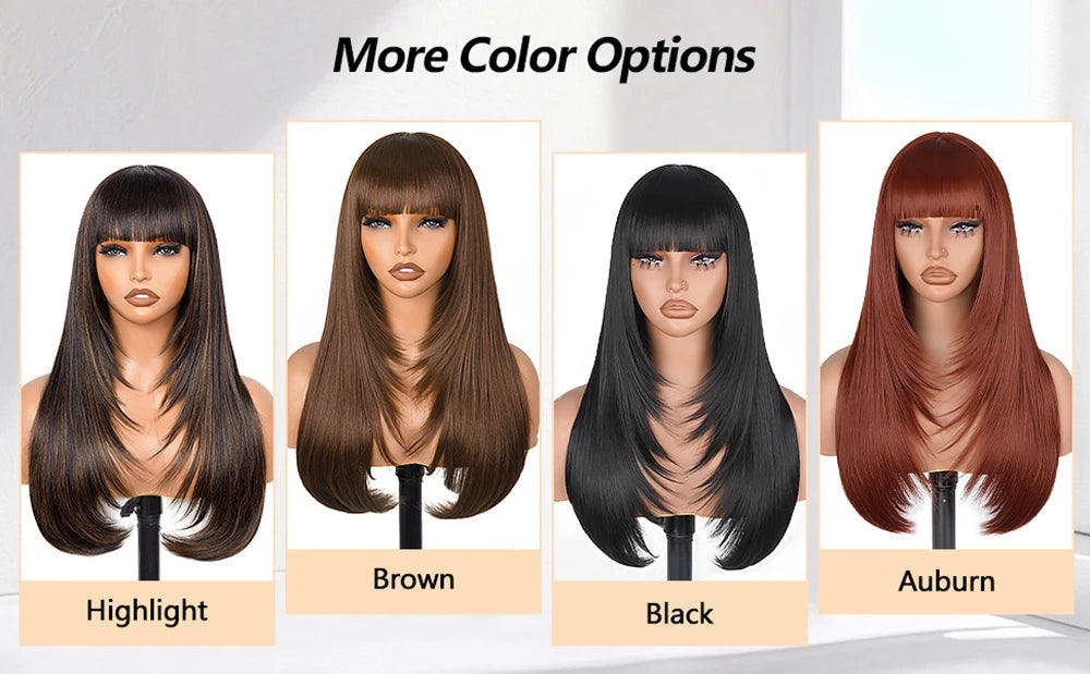 Straight Layered Cut Wigs with Bangs HD Lace Fake Scalp Synthetic Natural Layered Lace Wig For Women Glueless Heat Resistant Wig Viralgem Store