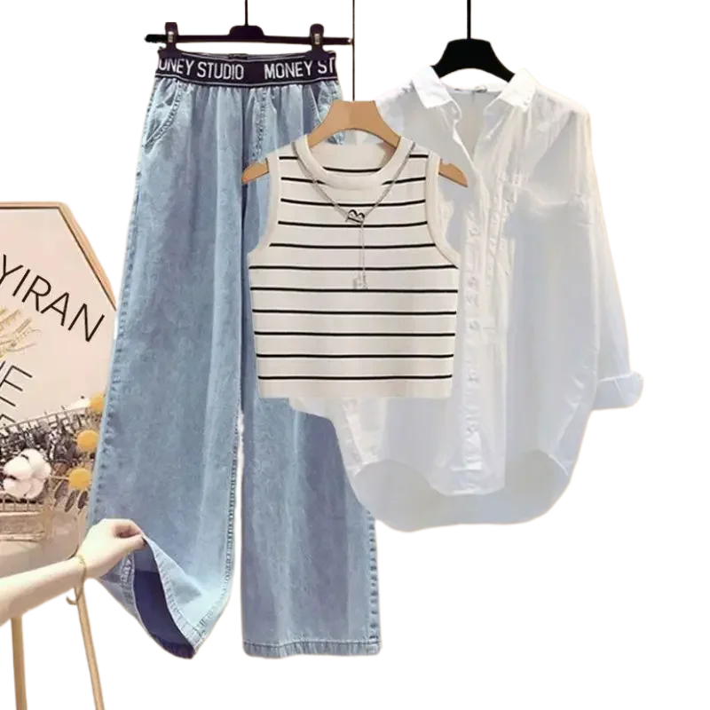 Women Summer New White Sunscreen Shirt Top+Striped Vest+Wide Leg Jeans 3 Piece Suit 2024 Korean Elegant Denim Pants Matching Set Viralgem Store