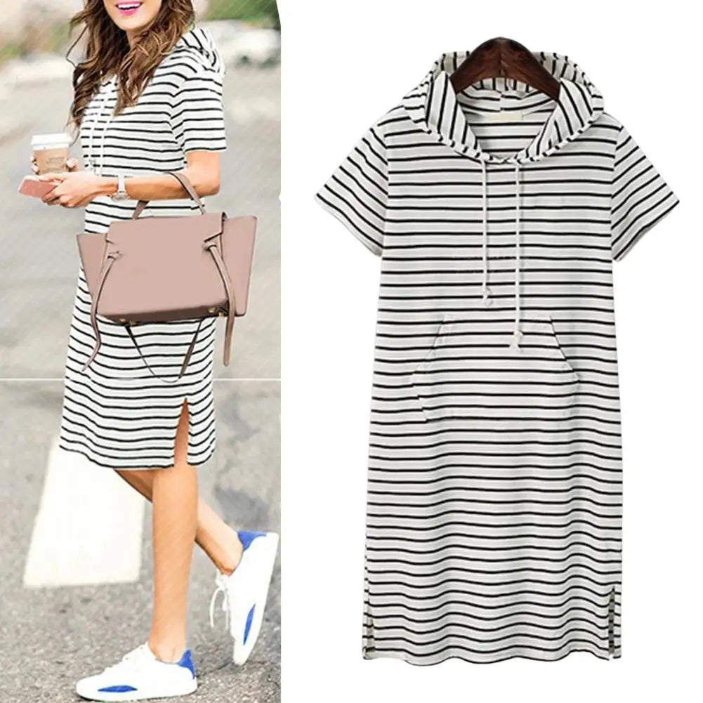XL-5XL Women Dress Hooded Drawstring Sports Style Short Sleeves Striped Plus Size Loose Fit Summer Casual Dress vestido feminino Viralgem Store