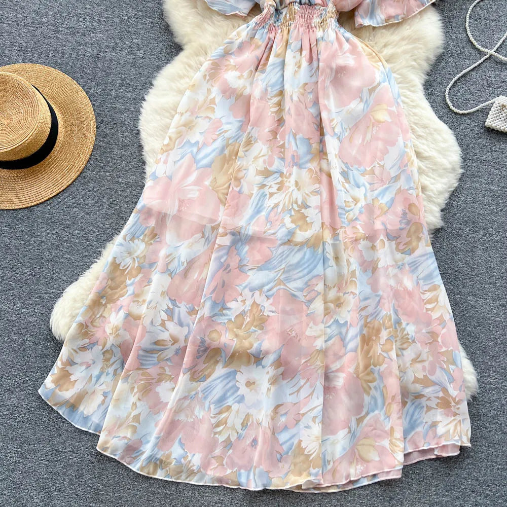 YuooMuoo Women Chiffon Floral Long Dress Korean V-neck Short Sleeve A-line Party Dresses Summer Bohemian Print Beach Vestidos