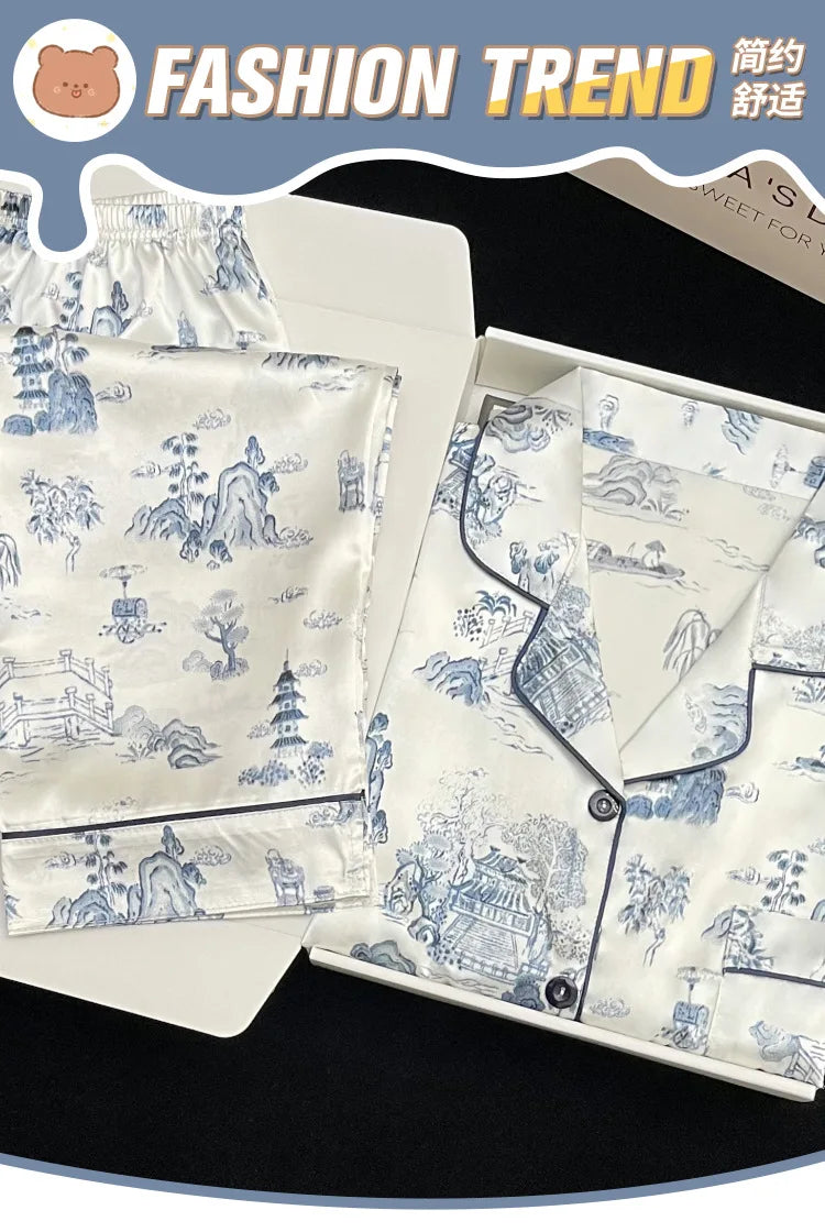 Women's Pajamas Sets Spring Autumn 2 Piece Paint Print Pyjama Faux Silk Satin Sleepwear Long Sleeve Pijama Mujer Pjs Homewear