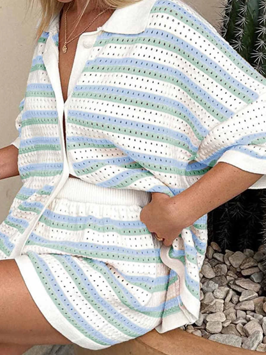 Womens Short Sleeve Striped Pajama Sets 2 Pieces Loungewear Color Block Crochet Knit Button Top and Shorts Lounge Sets Sleepwear Viralgem Store