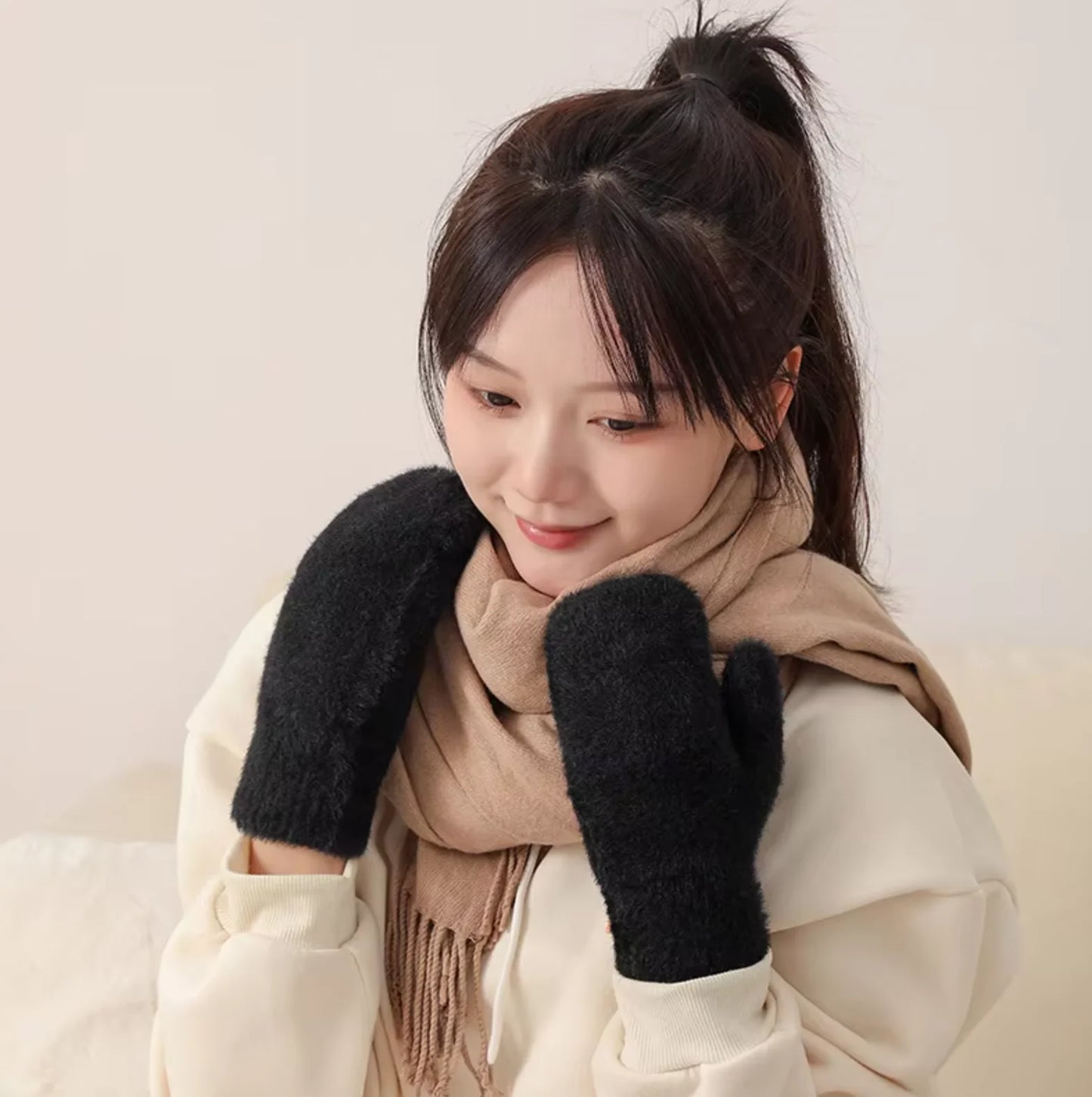 Women Winter Keep Warm Plus Cashmere Thicken Mink Fleece Solid Cute Lovely Outdoor Windproof Cycling Full Finger Mittens Gloves