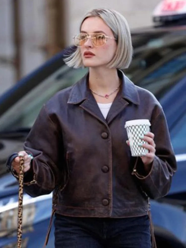 Vintage Cropped Distressed Leather Jacket For Women Chic Lapel Single Breasted Lace Up Coat Autumn Lady New Chic Streetwear 2024