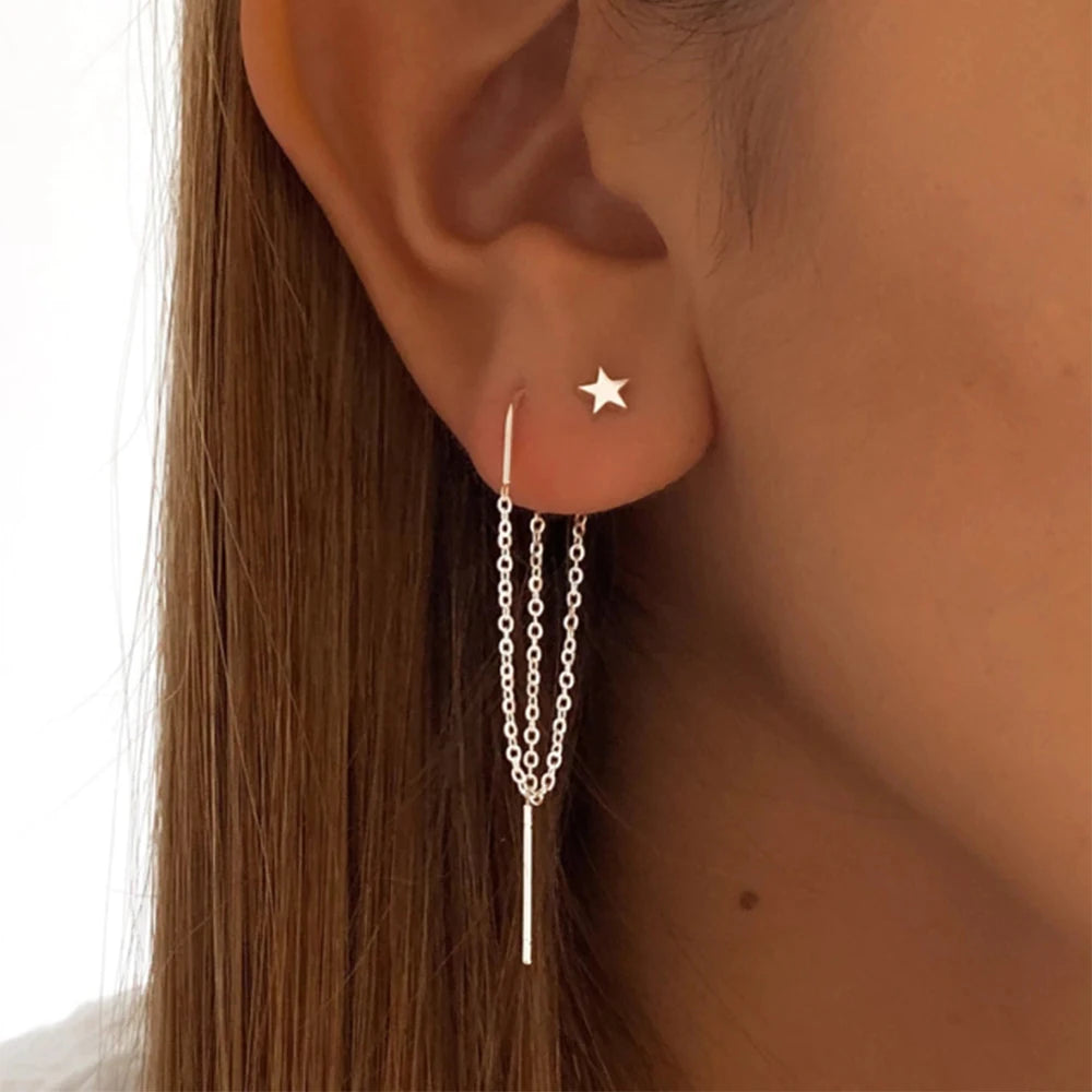 Aide 925 Sterling Silver 1pc Four Zircons Charm Chain Tassel Earrings For Women Double Studs Sparkling CZ Pave Cartilage Clips