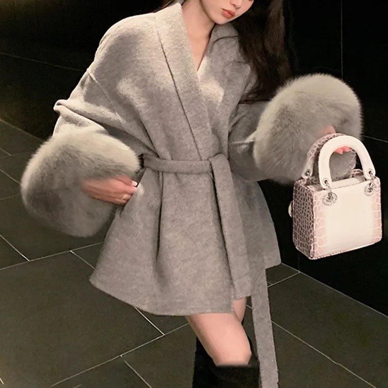 Tossy Fox Fur Wool Overcoat Women's Short Coat Office Lady Elegant Double-sided Woolen Coat 2025 New Cardigan Jackets Loose Wool Viralgem Store