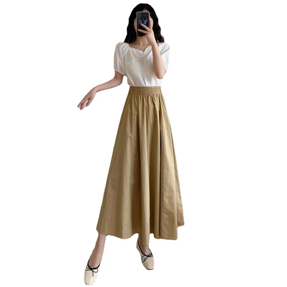 Spring Summer Autumn Elastic High Waist Loose Women All-match Midi Skirt Female Long Skirt Student Teenage Girls A-line Skirts