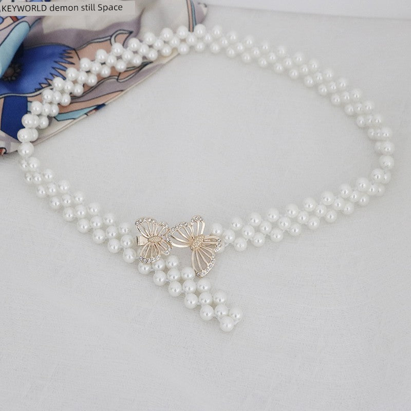 Women's Pearl Elastic Rhinestone Hanfu Waist Dress