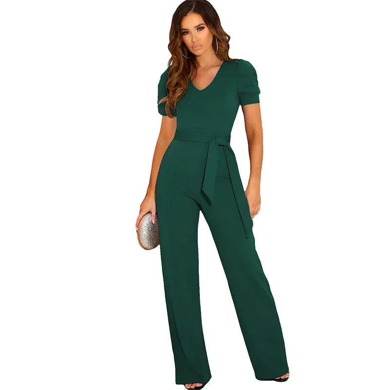 2024 Summer New Style Strap Waist Wrapped jumpsuit Women's Solid Color V-neck Short Sleeve Wide Leg Long Pants