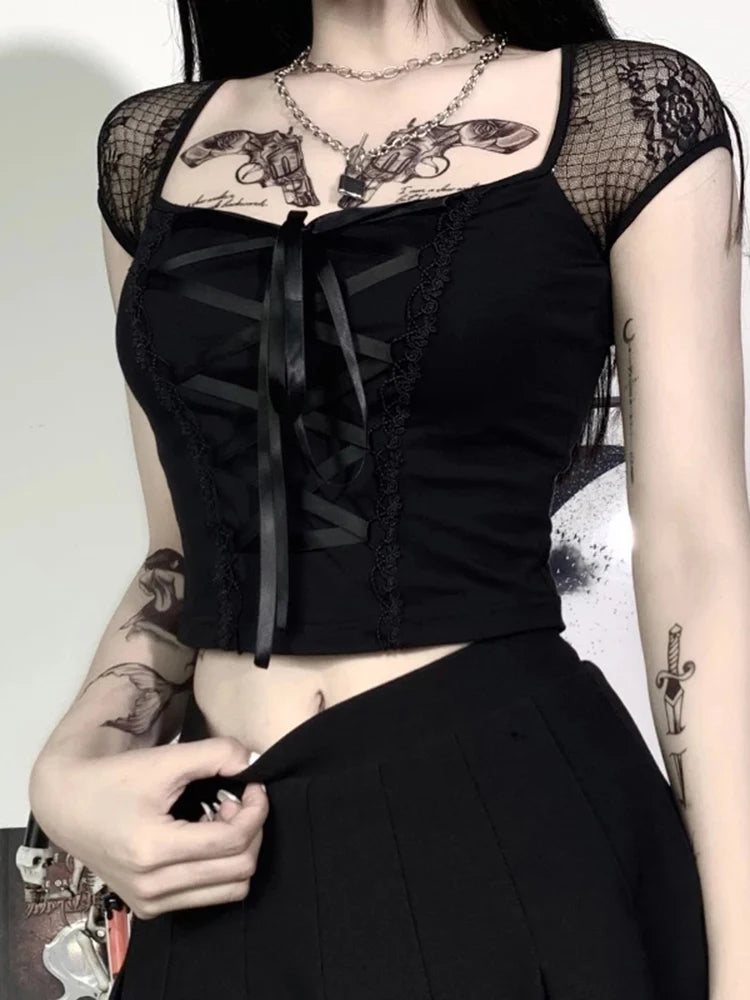 Vintage Tops Goth T-shirt Women Bodycon Bandage Lace Black T-shirts Gothic Streetwear Sexy Female Top Casual Mesh Tee Viralgem Store