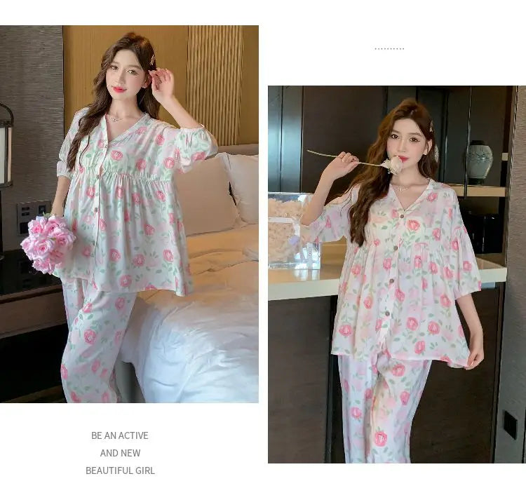 2023 New Cotton Silk Summer Pajamas Suit Plus Size Loose Ladies Home Clothes Two-piece Casual Style Thin