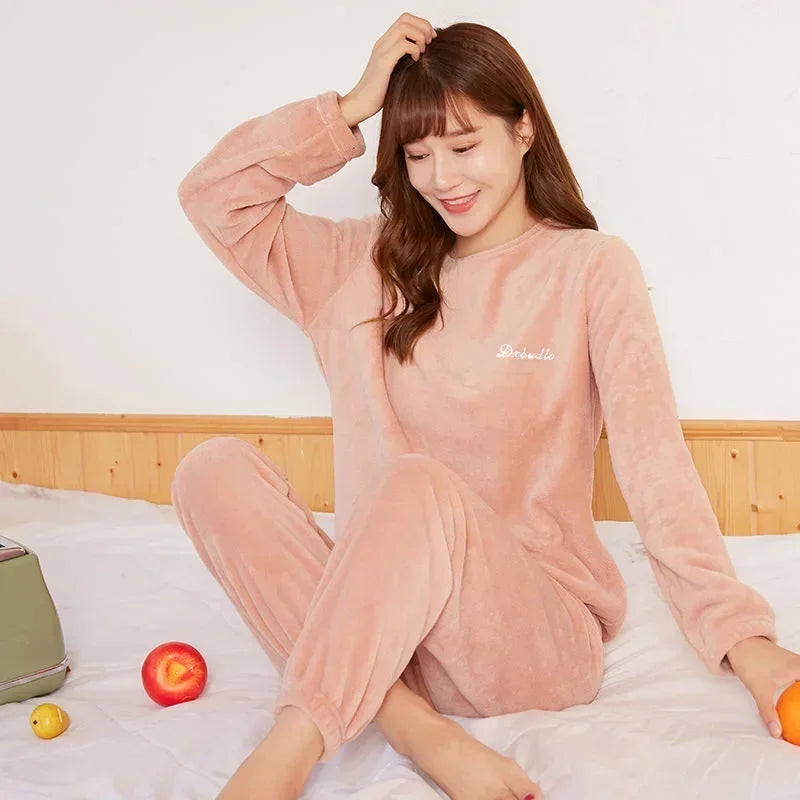 2024 Winter Pyjamas Warm Flannel Women Thick Leisure Wear Simplicit Coral Velvet Long Sleeve Solid Sleepwear Pajamas Set Viralgem Store