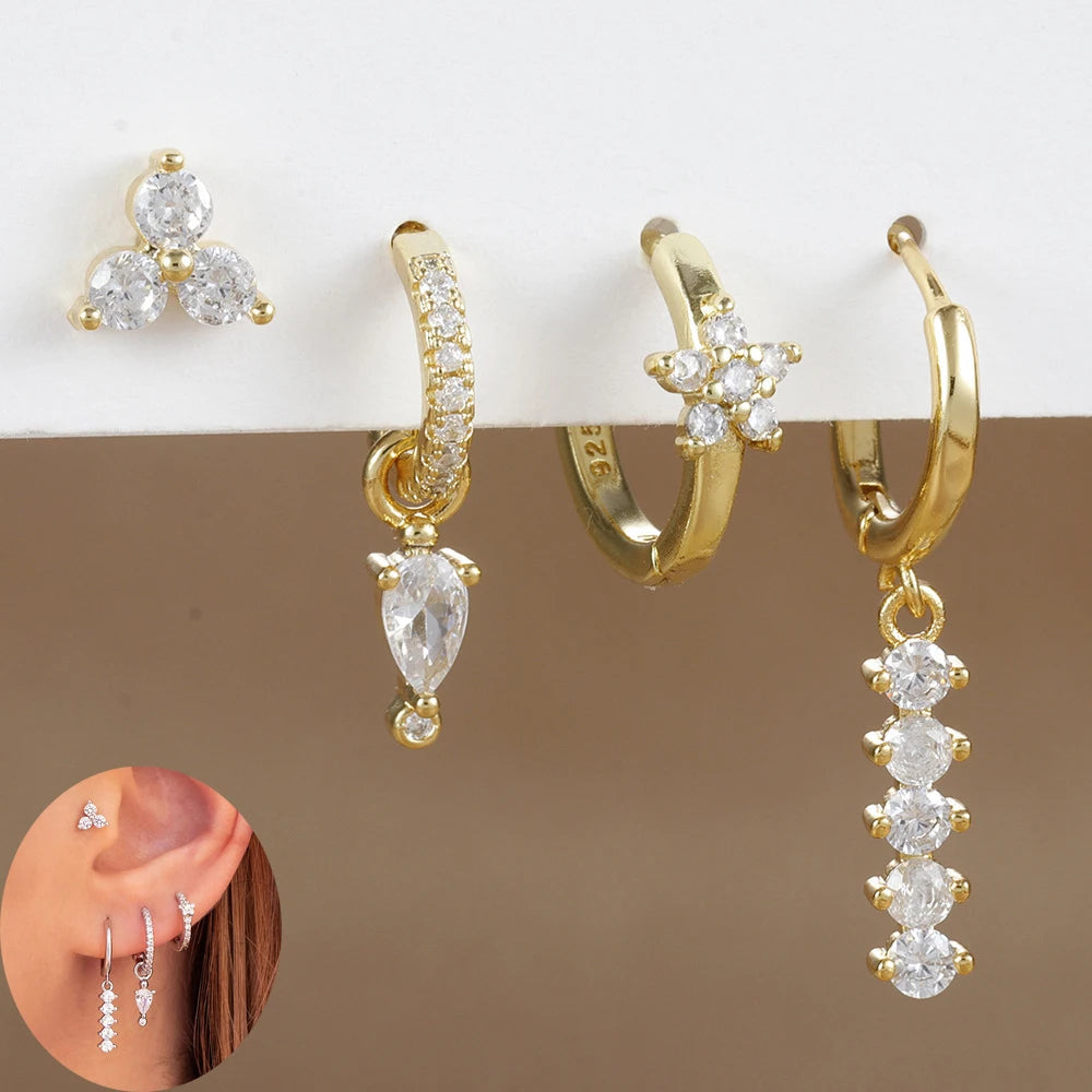 4PCS Simple Crystal Zirconia Square Dangle Earrings Set For Women Korean Stainless Steel Pendant Stud Earring Piercing Jewelry Viralgem Store