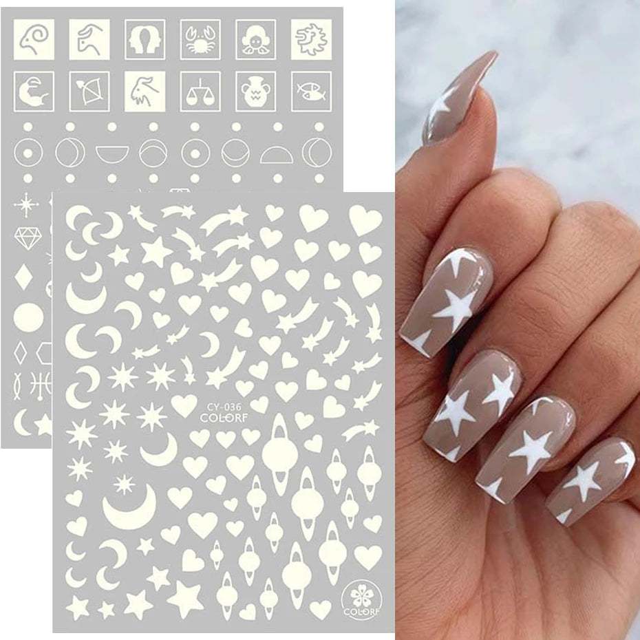1pcs 3D Luminous Nail Stickers Flame Butterfly Star Moon Glitter Design Glow in The Dark Slider Manicure Decorations JICY028-036