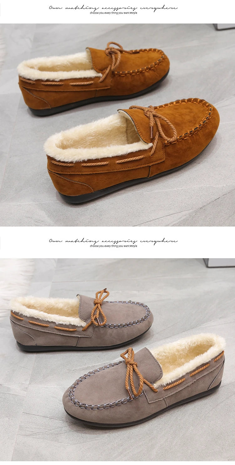 2023 autumn and winter new Doudou shoes women plus cashmere warm bow Korean version of casual shallow mouth flat lazy cotton sho