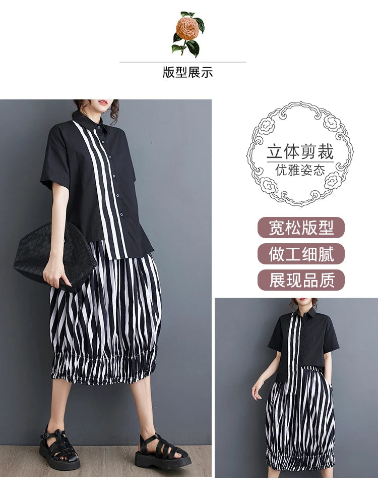Summer Striped Print 2 Two Piece Set Women Irregular Patchwork Fashion Ladies Cropped Shirts Loose Casual Pleated Woman Skirts Viralgem Store
