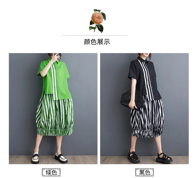 Summer Striped Print 2 Two Piece Set Women Irregular Patchwork Fashion Ladies Cropped Shirts Loose Casual Pleated Woman Skirts Viralgem Store