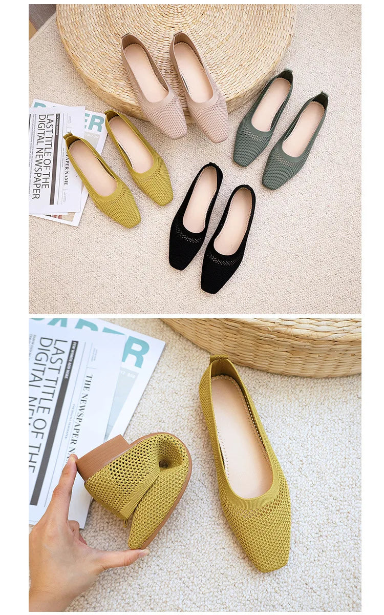 Women Solid Mesh Casual Shoes Summer Breathable Square Toe Hollow Fly Weaving Comfort Light Soft Walkers Flats Zapatos De Mujer