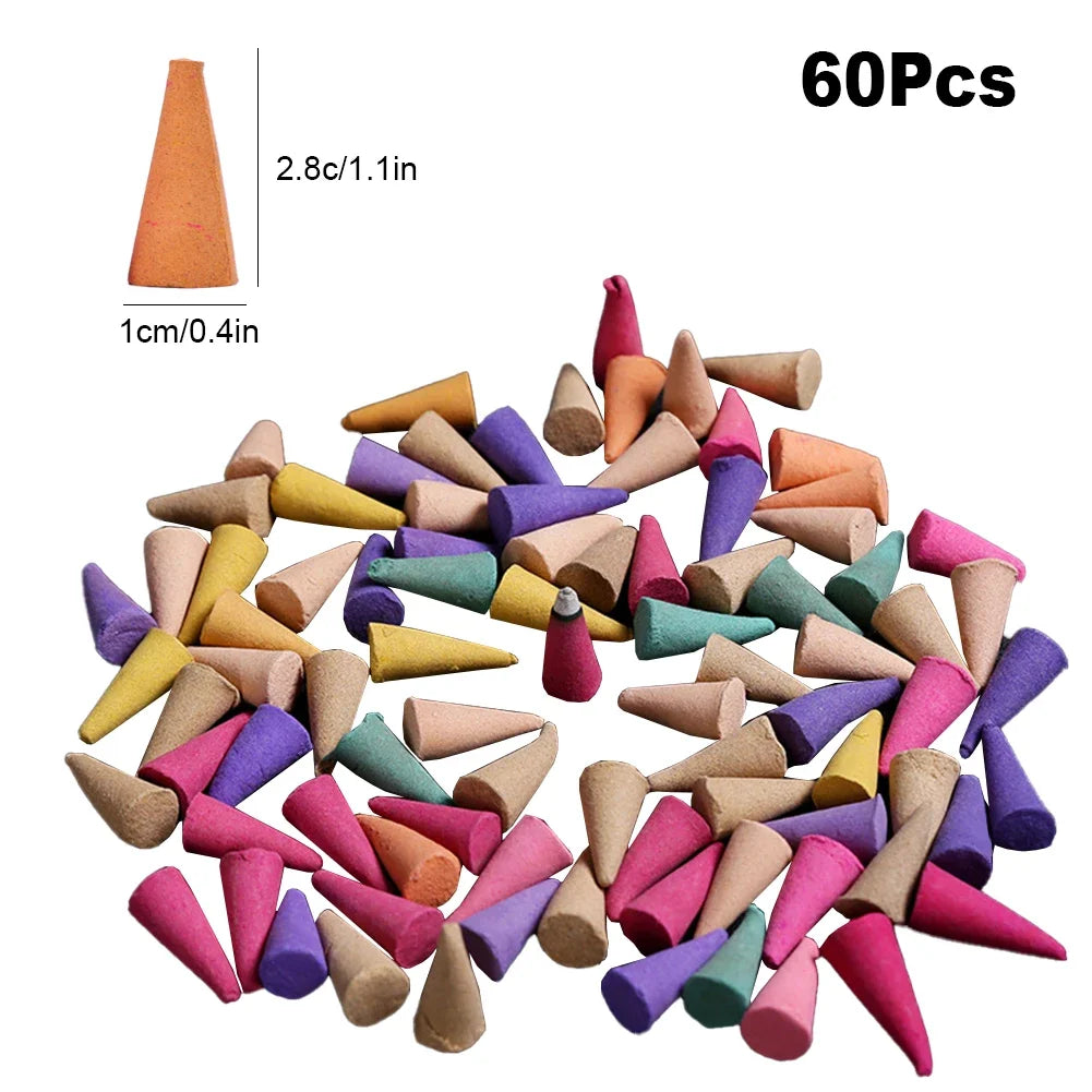 500-60Pcs Incense Cones Colorful Fragrance Incense Cones Anxiety Relief Natural Scents Cones for Meditation Relaxation Yoga Room