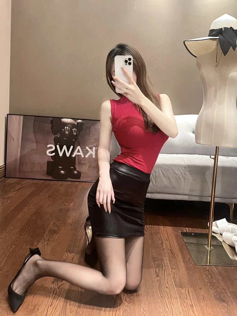 WOMENGAGA Leather Matte Slim Mini Sexy Fashion PU Hot Short High Waist Skirt Korean Nightclub Streetwear Wholesale Clothes 7ST Viralgem Store