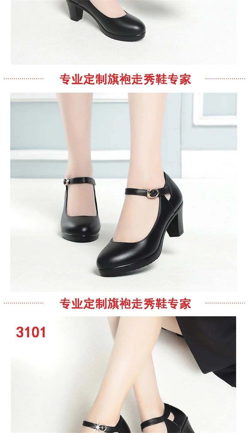 Spring Soft Leather Shoes Women Round Toe Platform Pumps Thick Heel Fashion Temperament Elegant Black Work Single Shoes Viralgem Store