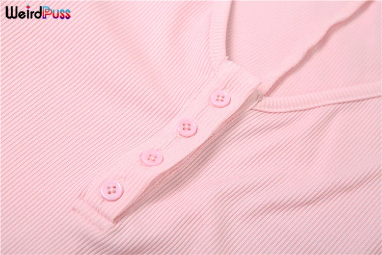 Weird Puss Fitness Button Low-Neck Casual Jumpsuit Women Autumn Fashion Ribbed Stretch Full Sleeve Basic Body-Shaping Overalls